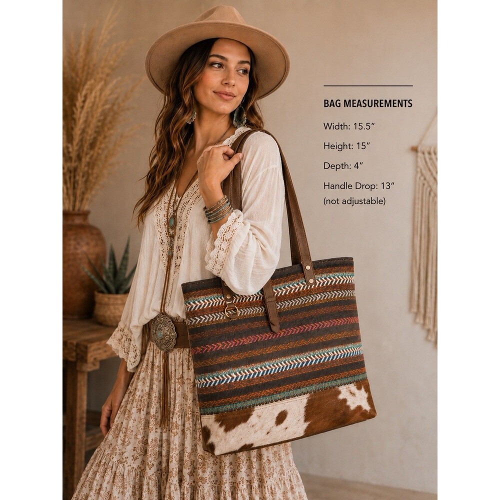 Myra Tote Cowhide Leather Canvas Tapestry Western Boho Shoulder Weekender Bag